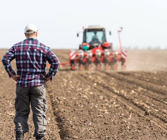 Farmer in field watching tractor